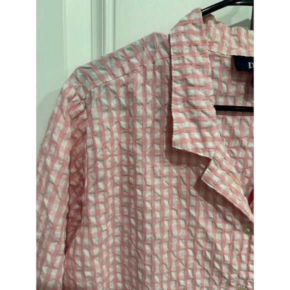 Denim & Co Pink Checkered Button Shirt XL Lightweight 3/4 Sleeves Collar Ruffle - Picture 5 of 10